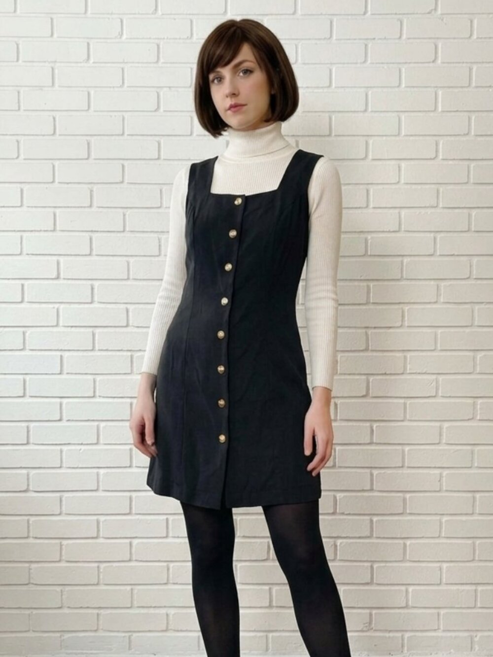 Vintage 90s Black Button Front Dress, Gold ornate buttons square neckline sz 11